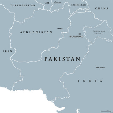 Pakistan political map with capital Islamabad and borders. Islamic Republic and country in South Asia and on the Arabian Sea. Gray illustration with English labeling. Vector.