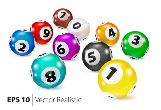 Vector Colorful Bingo balls lie in random order. Lottery Number Balls. Colored balls isolated. Bingo ball. Bingo balls with numbers. Realistic vector. Vector isolated illustration.