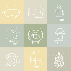 Collection of isolated vector line icons with sleep problems and insomnia symbols