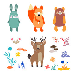 Naklejka premium Colorful vector Illustration set with cute deer, rabbit, fox, bear and flowers for for design and decor. Oriental style.