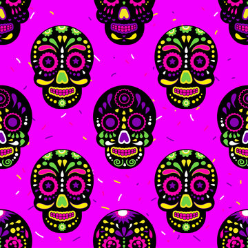 Cute kids pattern for girls and boys. Colorful skull, eyes on the abstract grunge background create a fun cartoon drawing.The background is made in red colors.Urban backdrop for textile and fabric