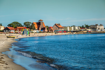 Hel,Poland-September 6,2016:Resort town of Hel in Pomerania, Poland, promenade and beach at Baltic Sea, popular vacation destination - obrazy, fototapety, plakaty