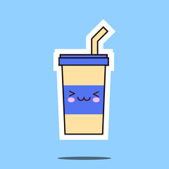 kawaii soda cup character cartoon emoticon face icon. Flat design Vector Illustration