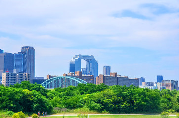 Obraz premium 大阪・淀川河川敷の緑と梅田のビル群