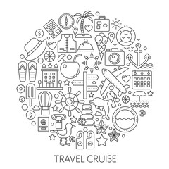 Fototapeta na wymiar Travel cruise thin line vector concept illustration. Voyage vacation traveling stroke outline poster, template for web.
