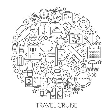 Travel cruise thin line vector concept illustration. Voyage vacation traveling stroke outline poster, template for web.
