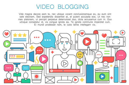 Video blogger flat line concept. Computer screen with male man blogger. Personal blogging channel broadcasting thin outline stroke vector illustration.