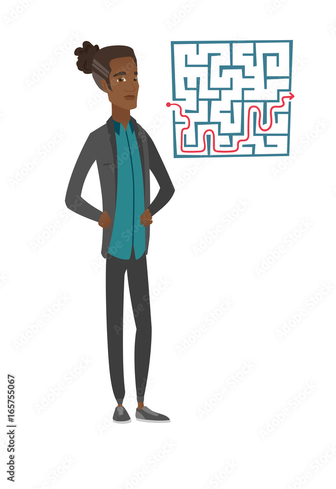 Poster man looking at labyrinth with solution.