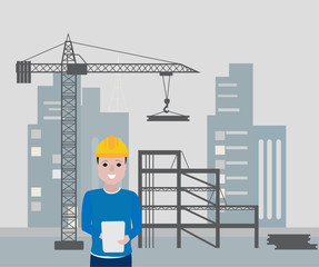 Engineer working with tablet on construction site cartoon vector illustration.