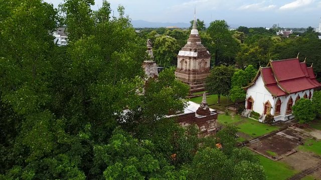Aerial view at Wat Chet Yod temple in the evening, Chiangmai, Thailand.  