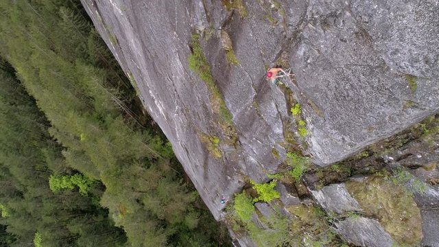 Drone Shot of Rock Climbers High on Mountain Cliff Face Above Forest