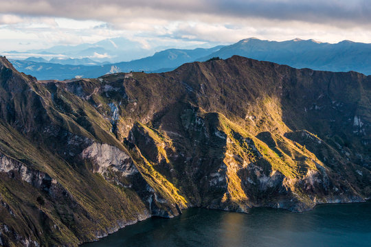 Early morning on the Quilotoa volcano caldera and lake, Andes. Ilinizas Nature Reserve, Ecuador
