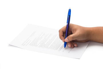 hand signing a paper isolated on white background with clipping path