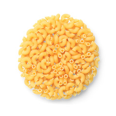 Top view of raw macaroni isolated on white background with clipping path