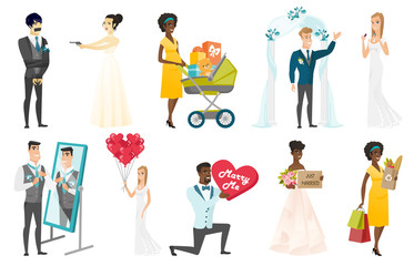 Bride and groom vector illustrations set.