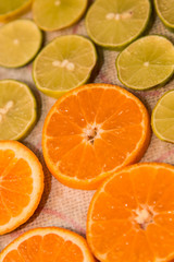 Slice cut oranges, limes, mandarins and lemons prepared for drying 