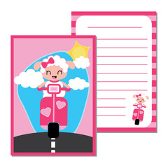 Cute paper note with cute sheep girl on motorcycle vector cartoon illustration for kid paper, scrap book and postcard design