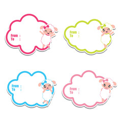 Birthday gift tags with cute sheep girls on colorful frames vector cartoon for kid birthday tag and label