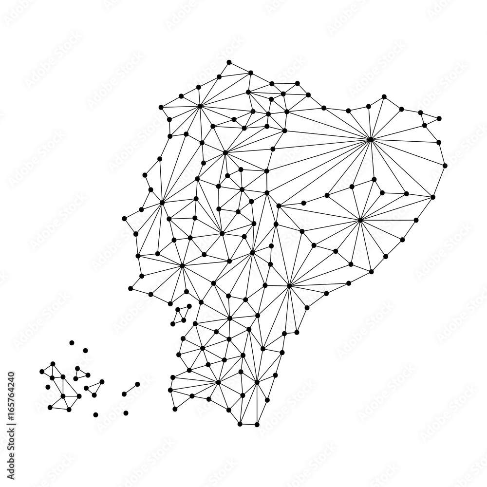 Poster ecuador map of polygonal mosaic lines network, rays and dots vector illustration.