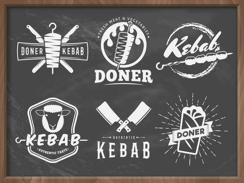 Doner kebab logos. Vector kebab badges with traditional eastern grill dishes on the chalkboard background. Vintage labels for restaurant or bar.