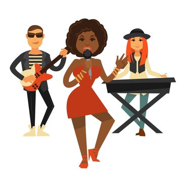 Cool music band performs pop song isolated illustration