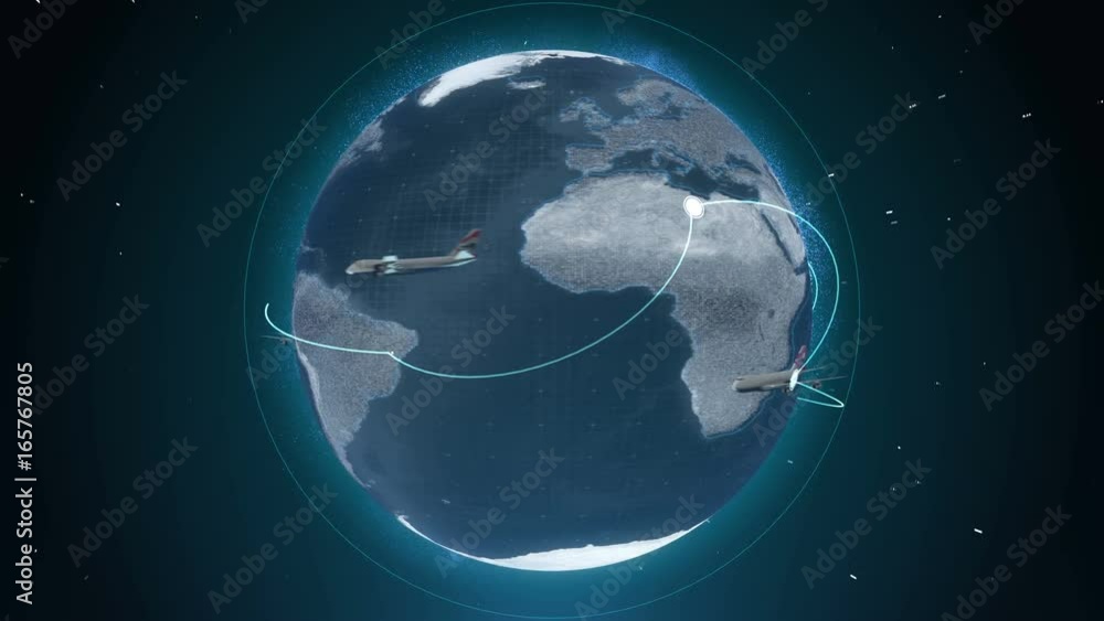Aufkleber computer animation of rotating glowing globe of earth with airplanes flying around planet; dots and 