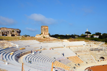 The greek theater in archaeological park ready for theatrical representations -Syracuse, Italy
