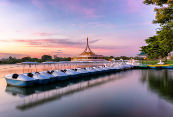 Ratchamangkhala Pavilion of Suan Luang Rama IX Public Park Bangkok,Thailand sumset. This Place is opened public for exercise or relax