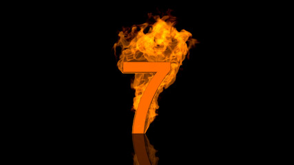 Flaming Number Seven Burning in Orange Fire Centred on Black Background in Concept Image
