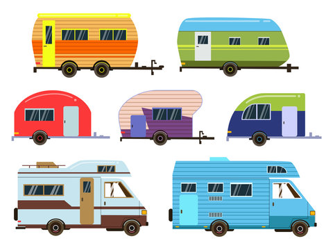 Campers cars set. Different resort trailers. Vector pictures in flat style