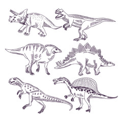 Wild life with dinosaurs. Hand drawn illustrations set of t rex and other dino types
