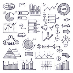 Pie graph, graphics and charts. Business illustrations in hand drawn style