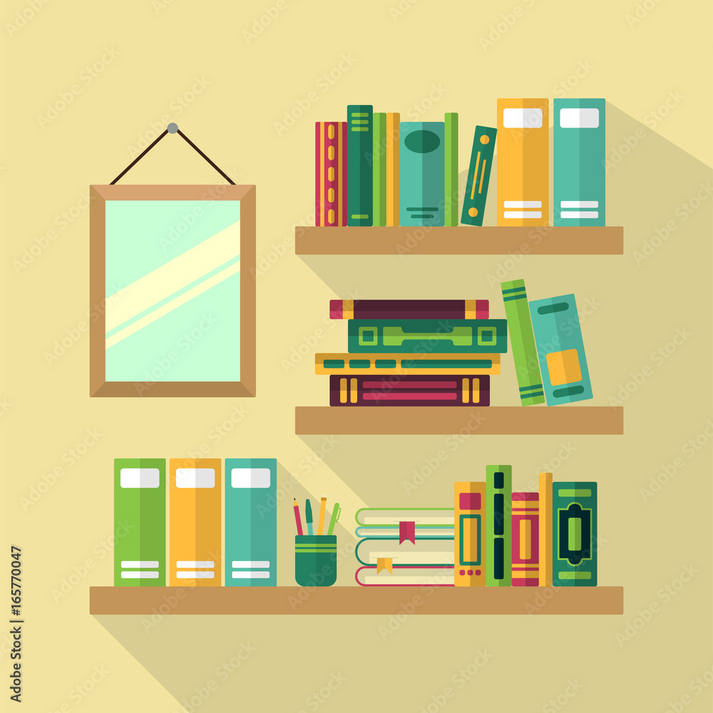 Poster wood bookshelf in library with different books. vector illustrations