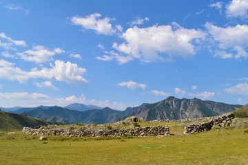 Ritual stone altar of ancient turks in Altai mountains. Chuy-Oozy, Altay Republic, Russia.