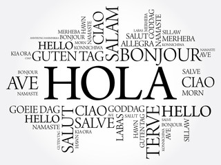 Hola (Hello Greeting in Spanish) word cloud in different languages of the world, background concept © dizain