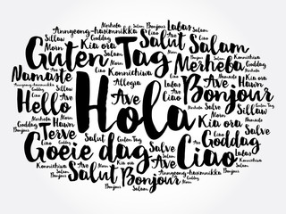 Hola (Hello Greeting in Spanish) word cloud in different languages of the world, background concept © dizain