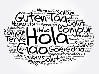 Obraz premium Hola (Hello Greeting in Spanish) word cloud in different languages of the world, background concept