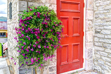 Fototapeta na wymiar Purple pink magenta calibrachoa or petunia flowers hanging in basket by church with red door