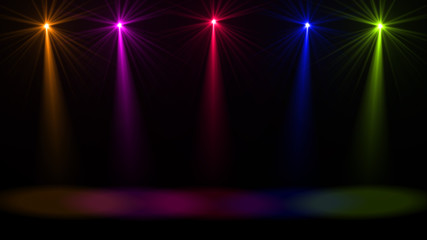 Stage lights. Several projectors in the dark. Purple spotlight strike through the darkness