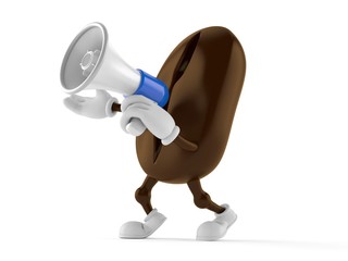 Coffee bean character speaking through a megaphone