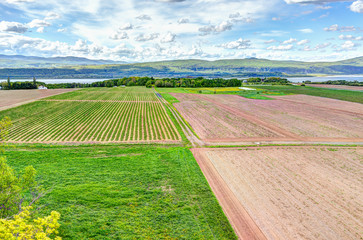 Aerial cityscape landscape view of farmland in Ile D'Orleans, Quebec, Canada