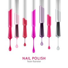Nail polish examples realistic set. Professional care concept. Samples of varnish of different colors on the brushes with the droplets. Nail polish vector illustration