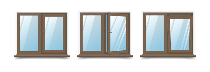Vector illustration of a set of double-winged windows with an example of opening