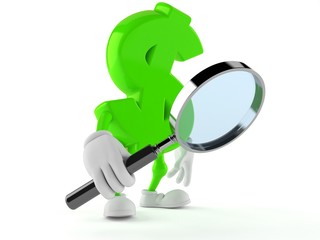 Dollar character looking through magnifying glass
