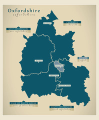 Modern Map - Oxfordshire county with district labels England UK illustration