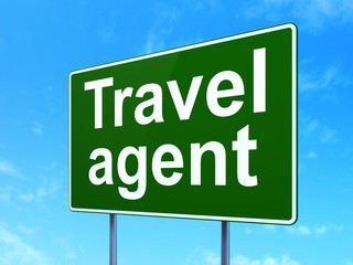 Vacation concept: Travel Agent on road sign background