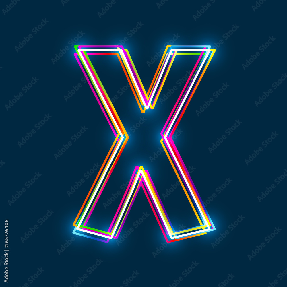 Poster greek small letter chi - vector multicolored outline font with glowing effect isolated on blue backg