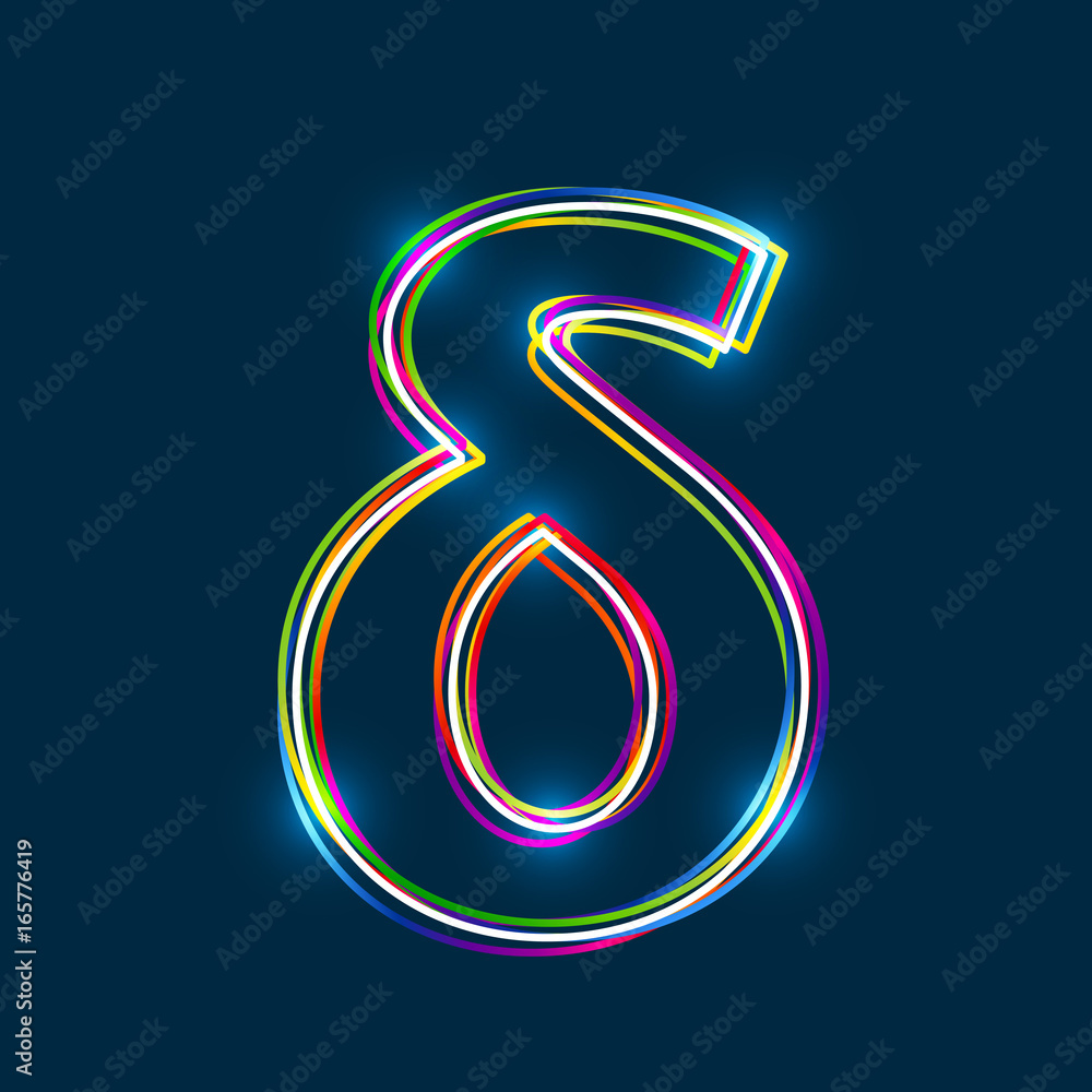 Poster greek small letter delta - vector multicolored outline font with glowing effect isolated on blue bac