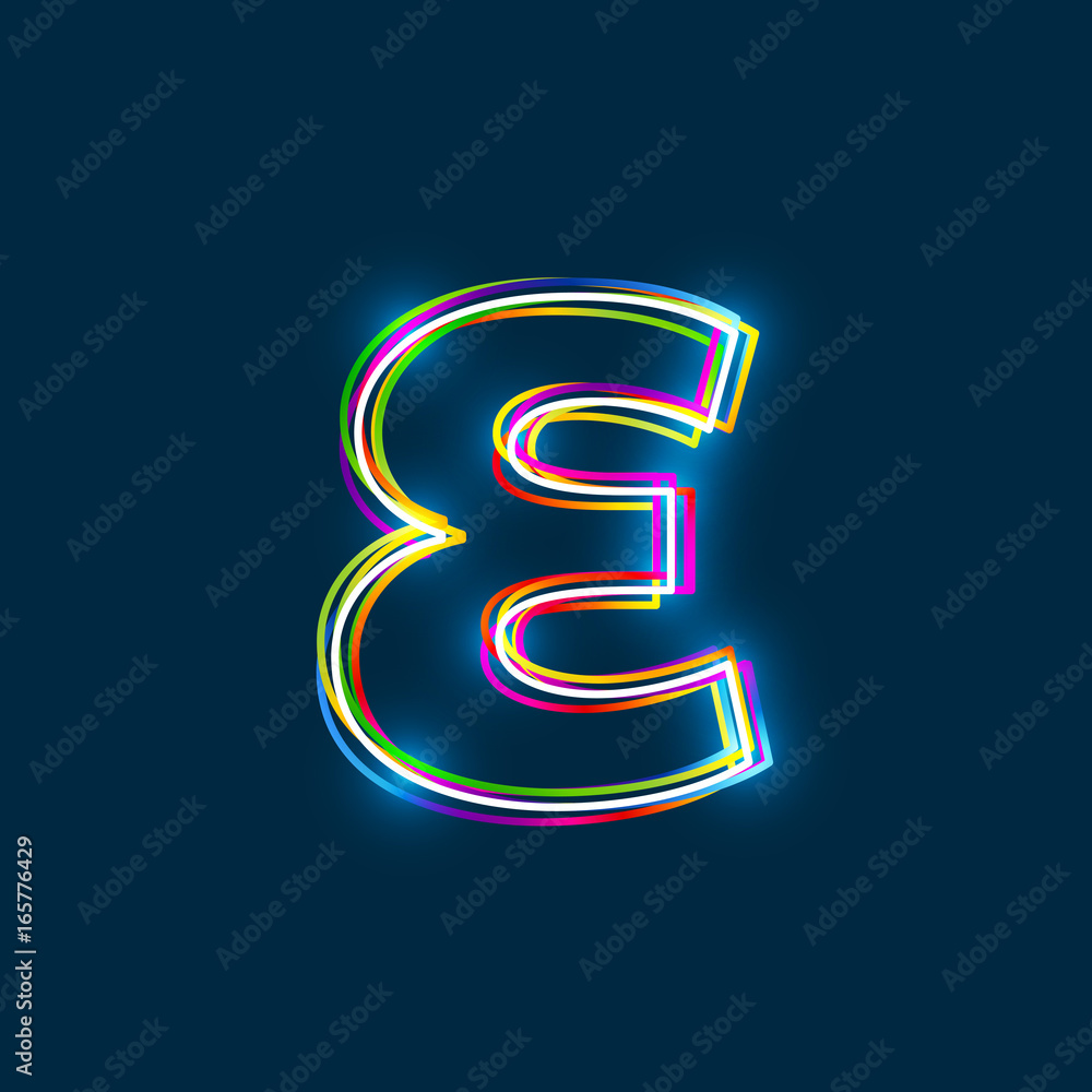 Poster greek small letter epsilon - vector multicolored outline font with glowing effect isolated on blue b