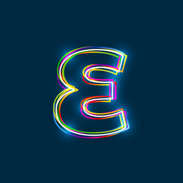 Greek Small Letter Epsilon - Vector multicolored outline font with glowing effect isolated on blue background. EPS10